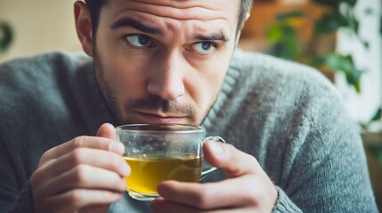 A man avoiding acidic foods and drinking herbal tea to manage acid reflux