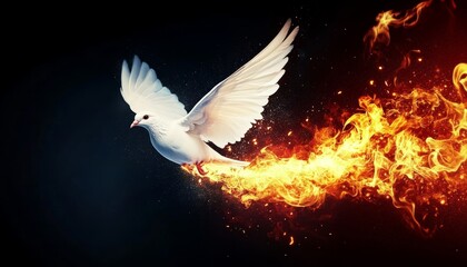 Fototapeta premium White Dove In Flight With Burning Wings Against A Dark Background, Symbolizing The Holy Spirit