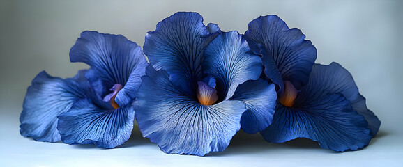 Closeup of Three Deep Blue Flowers with Intricate Petals on a Light Gray Background