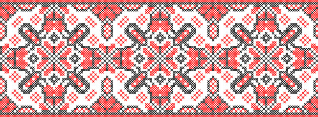 Vector illustration of Ukrainian ornament in ethnic style, identity, vyshyvanka, embroidery for print clothes, websites, banners. Background. Geometric design, border, copy space, frame