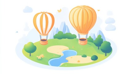 Naklejka premium Two colorful hot air balloons floating over a serene landscape with a river and trees in the background
