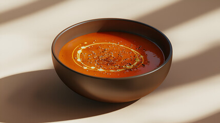 A bowl of creamy tomato soup garnished with a swirl of cream and a sprinkle of pepper.