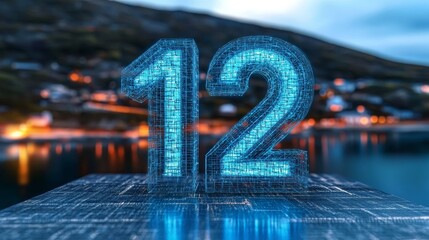 Glowing Number 12 in Abstract, Futuristic Style Digital Landscape Background with 3D Render