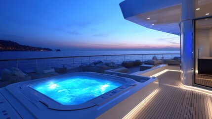 Fototapeta premium Luxury yacht jacuzzi at sunset, ocean view. Perfect for travel, luxury, and relaxation themes.