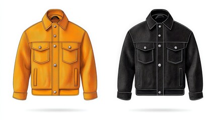 Naklejka premium Stylish Yellow and Black Denim Jackets for Fashionable Men and Women on White Background