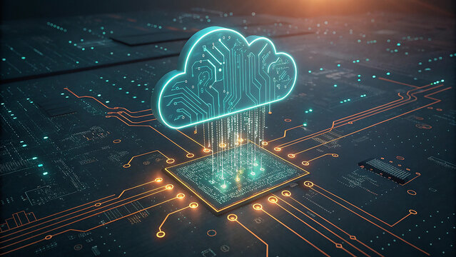 Generative AI image of cloud computing and digital data transfer with computing networked across cities country and globe with virtualization approach - Powered by Adobe
