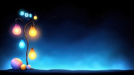 Colorful Light Bulbs on a Whimsical Tree with Soft Blue Background and Dreamy Atmosphere