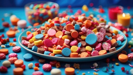 A white plate is centered on a light blue table with colorful assorted candies and sprinkles scattered both on the plate and around it.