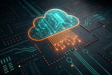 Generative AI image of cloud computing and digital data transfer with computing networked across cities country and globe with virtualization approach