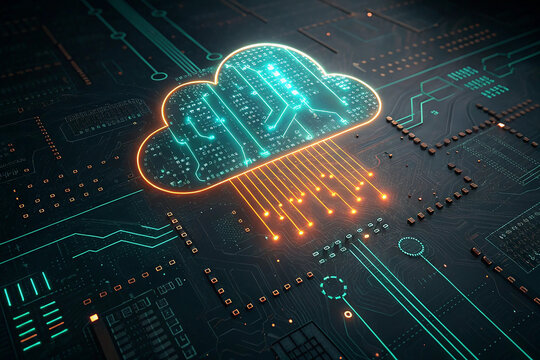 Generative AI image of cloud computing and digital data transfer with computing networked across cities country and globe with virtualization approach - Powered by Adobe