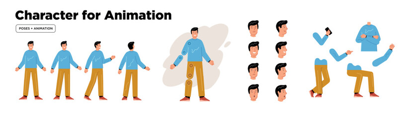 Man character for animation. Creation set with various views, face emotions, poses and gestures.