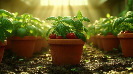 Sunlit Greenhouse Garden: Rows of Basil and Tomatoes in Terracotta Pots