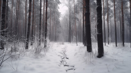 Fototapeta premium Snowy Winter Forest Path Tranquil Nature Scene Peaceful Winter Wonderland Snowy Trees Cold Season 