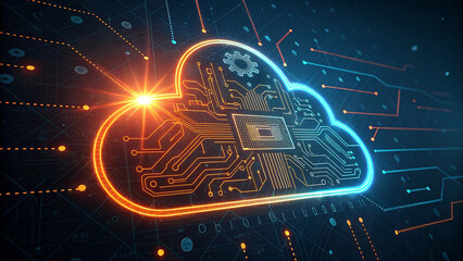 Generative AI image of cloud computing and digital data transfer with computing networked across cities country and globe with virtualization approach