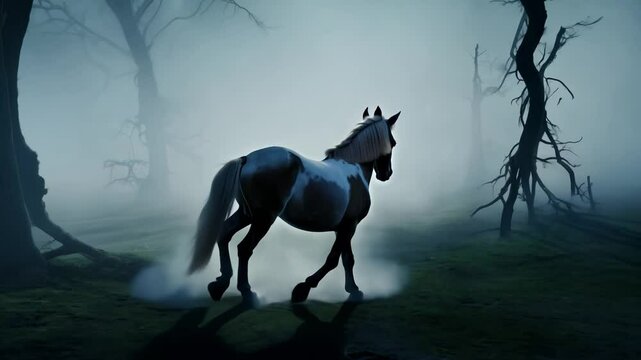 Pinto horse trotting in a spooky forest