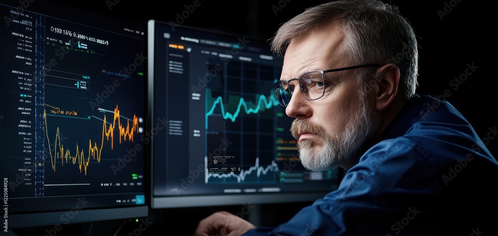 Poster A focused analyst examines financial data on multiple screens, showcasing graphs and charts in a dimly lit environment.