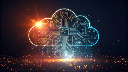 Generative AI image of cloud computing and digital data transfer with computing networked across cities country and globe with virtualization approach