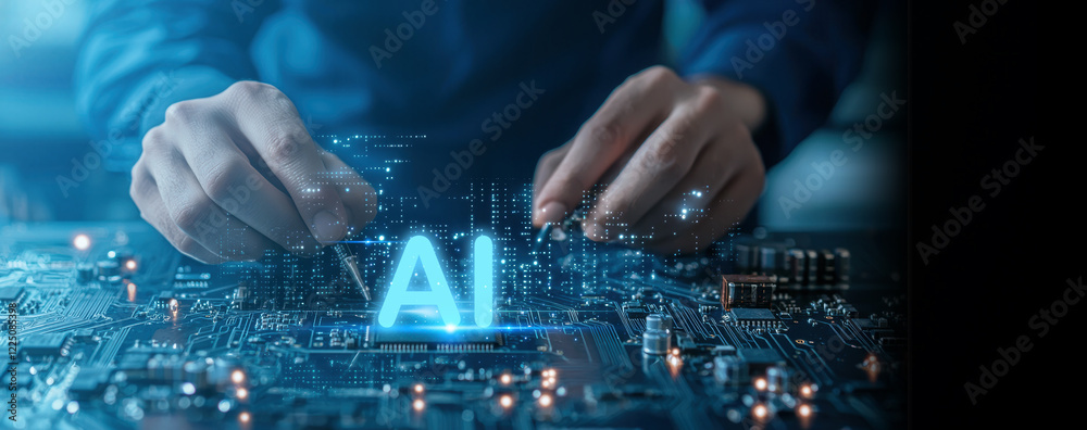 Poster a businessman interacts with a circuit board, with a glowing 