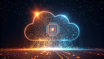 Generative AI image of cloud computing and digital data transfer with computing networked across cities country and globe with virtualization approach