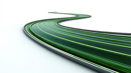 Abstract 3D rendering of a curving road with glowing green lines and gray edges on a white background. The lines suggest speed and movement. The