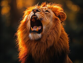 Naklejka premium Fierce Lion Roaring with Flowing Golden Mane and Piercing Eyes
