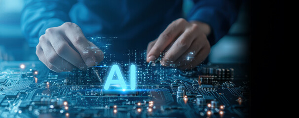 A businessman interacts with a circuit board, with a glowing "AI" symbol emerging, symbolizing advancements in artificial intelligence technology.