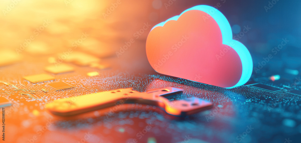 Fototapete A cloud symbol and key represent digital security and cloud computing, highlighting technology's role in data protection.