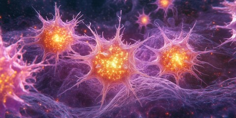 Fototapeta premium A macro-level view of glowing viruses and DNA strands in a vibrant, colorful background.