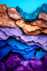 Naklejka premium A vibrant, layered rock formation in shades of brown, purple, and blue, creating a striking visual contrast against a bright background.