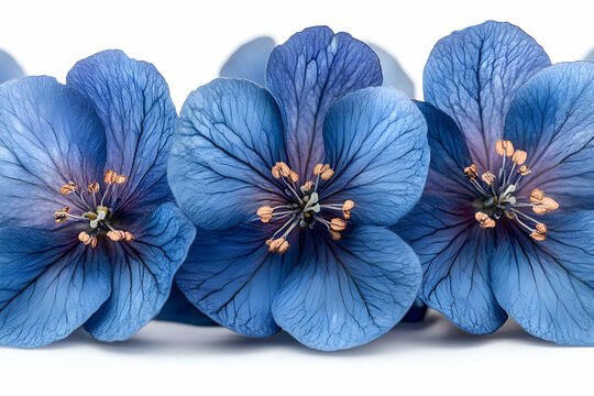 Close-up of Three Blue Geranium Flowers on White Background