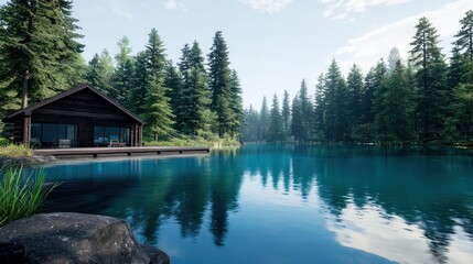 Fototapeta premium Secluded Lakeside Cabin in the Woods