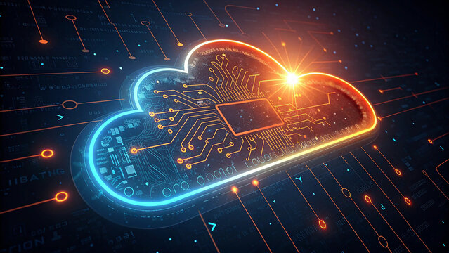 Generative AI image of cloud computing and digital data transfer with computing networked across cities country and globe with virtualization approach - Powered by Adobe