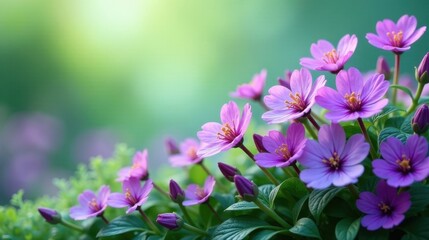 Fototapeta premium Delicate Lavender Blossoms in Soft Light, a Serene Garden Scene Featuring a Cluster of Blooming Flowers with Lush Green Foliage