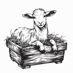 Adorable Baby Goat Resting in a Wooden Crate Surrounded by Soft Hay Vector