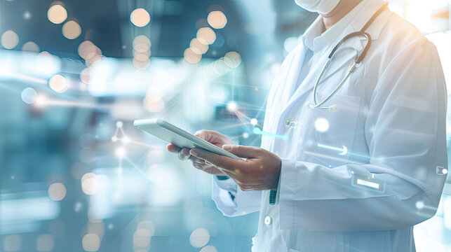 Professional doctor wearing a white lab coat and stethoscope using a digital tablet in a modern clinic