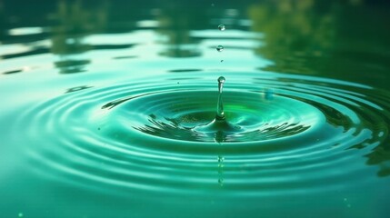 A single drop of water impacting a tranquil teal surface, creating concentric ripples that expand outwards, showcasing the beauty of natural fluidity and the serenity of still water.