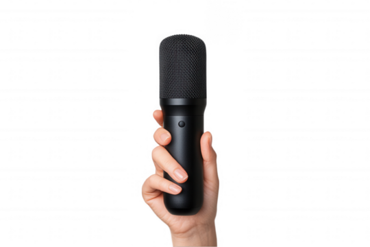 Holding a black microphone ready for performance or speech presentation in a professional setting with a minimalist style and transparent background