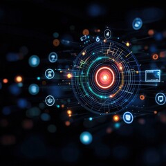Obraz premium Bullseye glowing brightly with surrounding data icons indicating progress