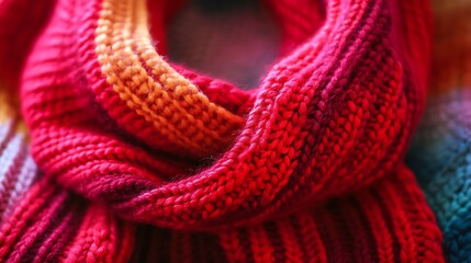 A cozy woolen scarf with red stripes isolated on a colorful background