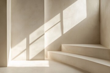Obraz premium Minimalist interior with soft light casting shadows on smooth walls and steps, creating a serene atmosphere