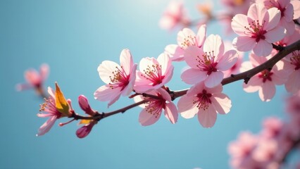 Obraz premium Delicate Pink Blossoms on a Branch Against a Serene Blue Sky, a Symbol of Spring's Gentle Arrival and the Promise of Renewal