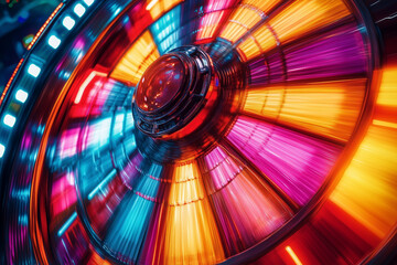 Colorful spinning wheel of fortune in an entertainment venue showcases vibrant lights during a lively evening event