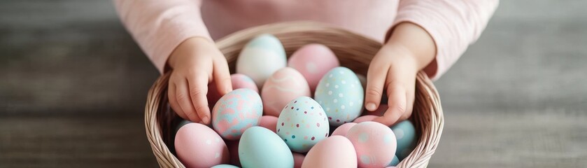 A close-up of a child's hands holding colorful Easter eggs in a woven basket, symbolizing springtime festivities and joy.