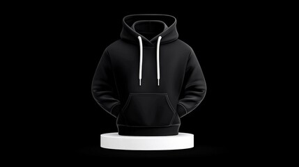 Black Hoodie on Display with White Drawstrings and Pocket Against a Solid Black Background