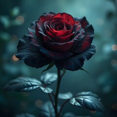 Dark red rose, gothic, moody atmosphere, teal background, macro photography, bokeh, detailed petals, deep shadows, dramatic lighting