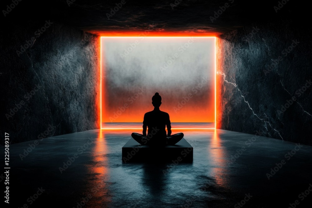 Poster a 3d-rendered scene of a person sitting in a large, empty room with cold, metallic walls, illuminate