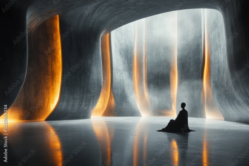 Poster a 3d-rendered scene of a person sitting in a large, empty room with cold, metallic walls, illuminate
