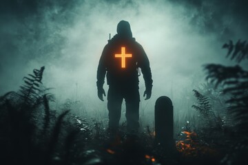 A mysterious figure in a foggy graveyard, roughly measuring the dimensions of a gravestone with a glowing, spectral tape, surrounded by eerie shadows