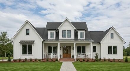 A charming white farmhouse with a steep gable roof black-framed windows and a wrap-around porch