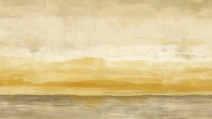 Fototapeta premium Abstract landscape painting in muted gold, beige, and gray tones. Horizontal bands of color suggest a horizon with a subtle texture resembling sand